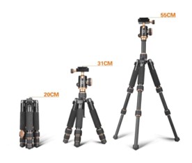 Portable black and gold tripod showing fully folded at 20 centimeters in length, minimum height of 31 centimeters tall, or fully extended to 55 centimeters tall.  