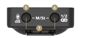 Image of rode receiver unit with 2 buttons, one with a decibel icon on the left and one with an infinity icon on the right.
